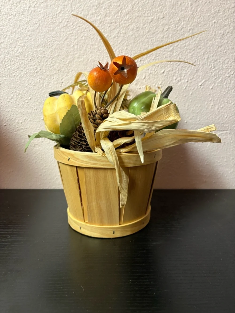 Fall Pumpkin Basket Centerpiece Rustic Harvest Decor Mini Wooden Bucket